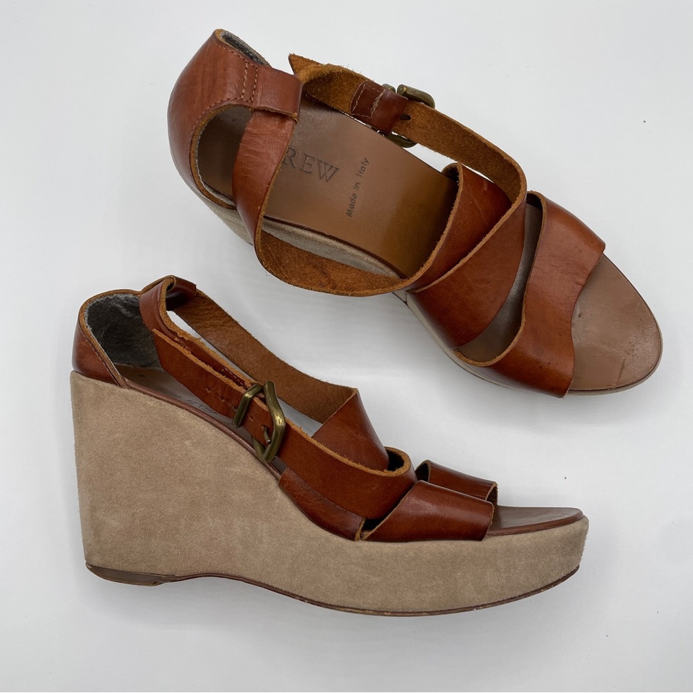 J. Crew Brown Leather Strappy Wedge Sandals with Tan Suede Platform